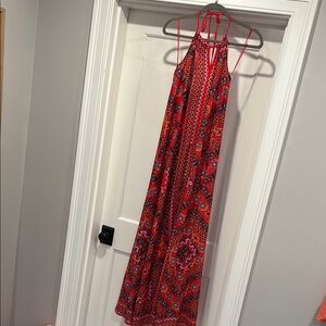 XS Red Halter Maxi Dress wi/ Geo Pattern, low back, tassel ties Tulum, Mexico